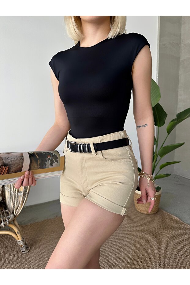 Women's Black Crew Neck Lined Polyamide Elastane Basic Blouse - 1