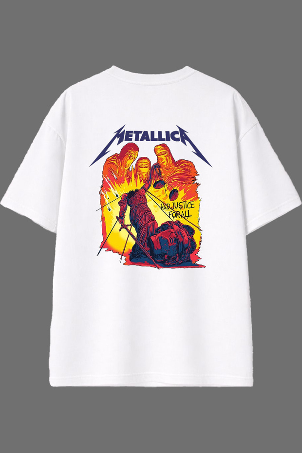 Metallica and Justice Design White Oversize T-Shirt with Back Print