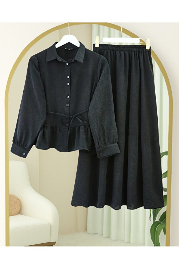 طقم تنورة وبلوزة برباط - أسود - 2