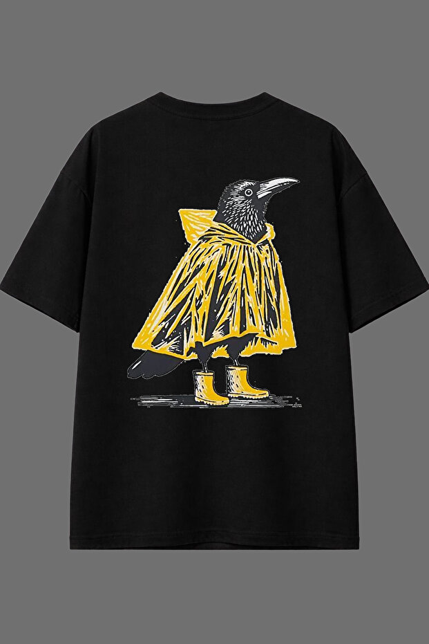 Raincoat Bird Design Back Printed Black Oversize T-Shirt