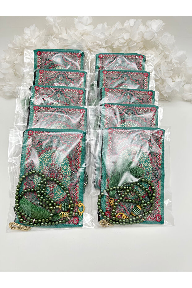 10 Green Wallets and Prayer Beads Set, Hajj Umrah Mevlid Gift