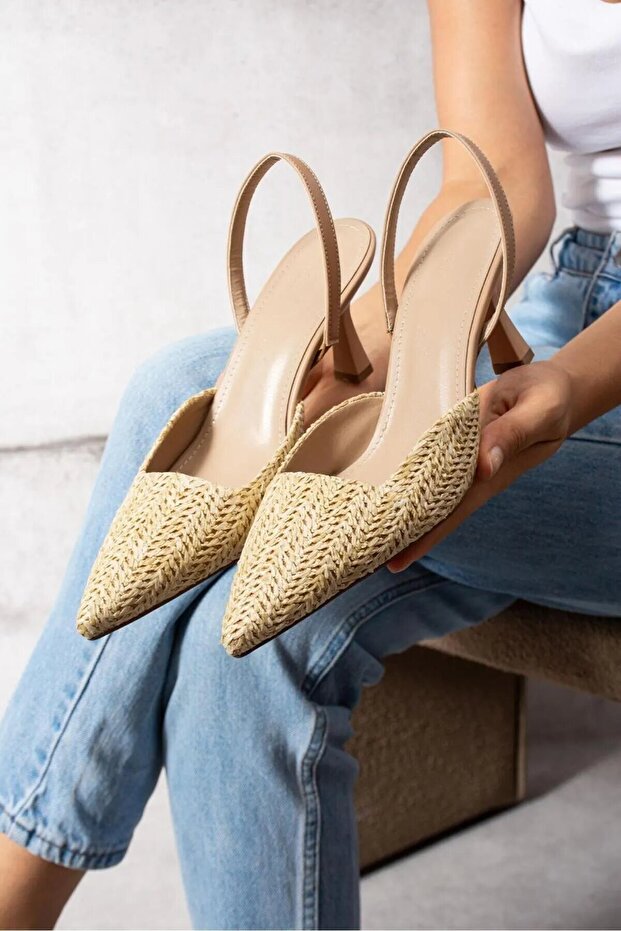 Women's Stiletto Thin Toe Beige Straw Open-Back Heeled Shoes