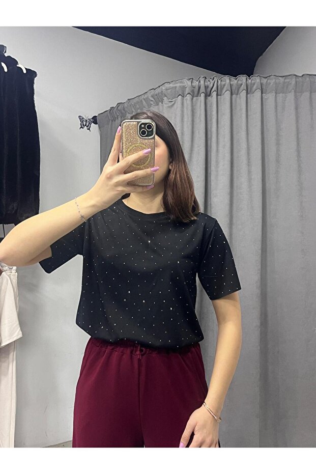 Taş Detaylı Siyah Basic T-shirt - 2