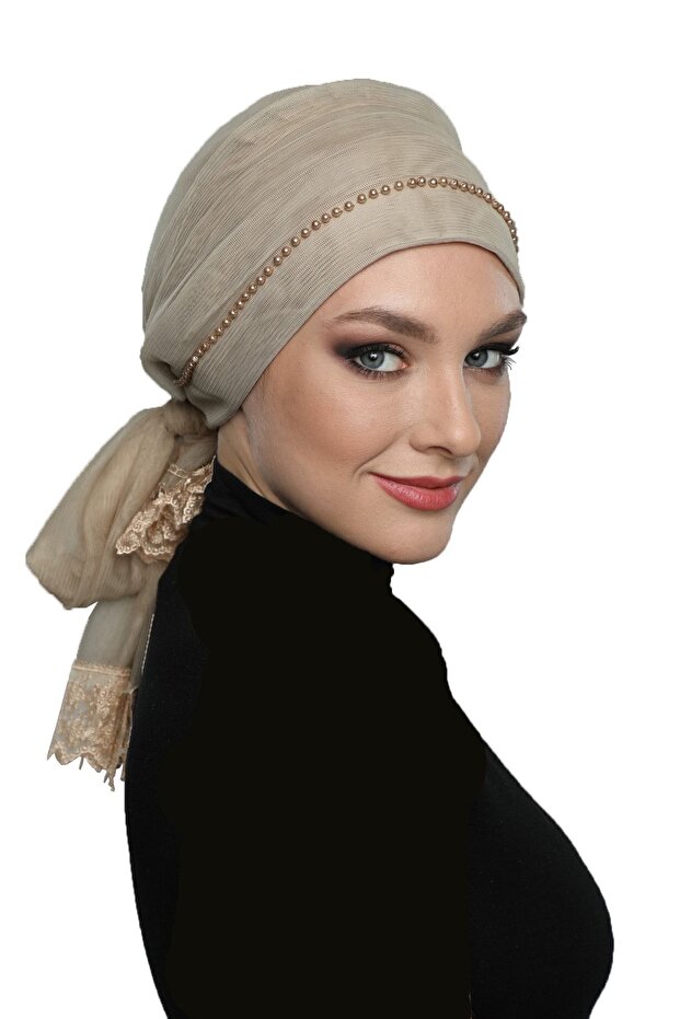 Beige Ready-made Outer Bonnet Hijab Evening Dress with Pearls, Tulle, Tie-Up, Tulle, Coated, Lace and Pearl Embroidery