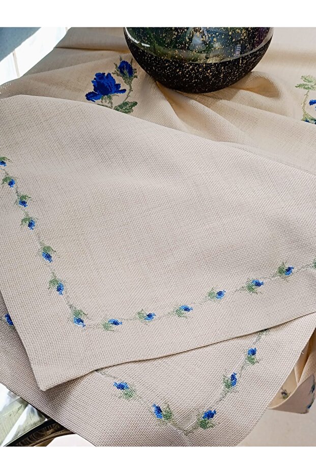 Flower Embroidered Cappuccino Color Tablecloth for 8 People