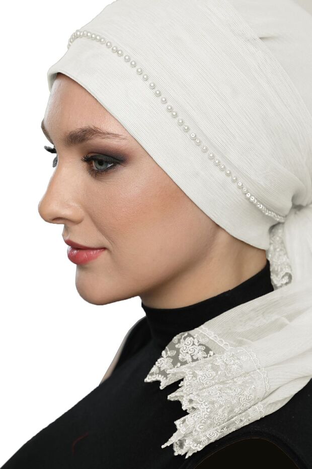 Pearled Tulle Tied Tulle Coated Lace Pearl Embroidered Cream Ready Made Outer Bonnet Hijab Evening Dress