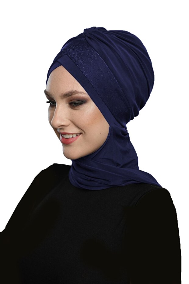 Crossed Pique Scarf-Lined Navy Blue Ready-Made Turban Hijab Bonnet Suitable for Medical Use