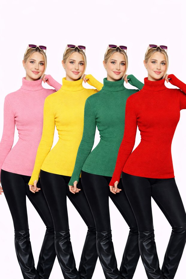 Pink Yellow Green Red 4-Piece Turtleneck Finger Detail Premium Savior Women's Body Sweater