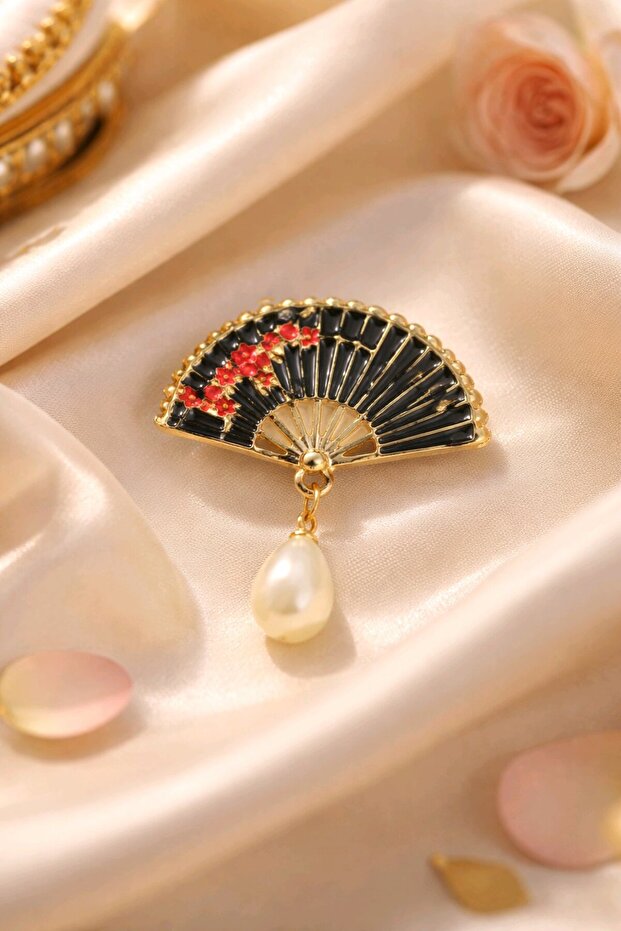 İncili Siyah Yelpaze Broş - 2