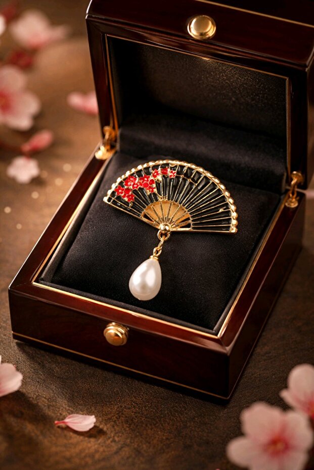 İncili Siyah Yelpaze Broş - 4