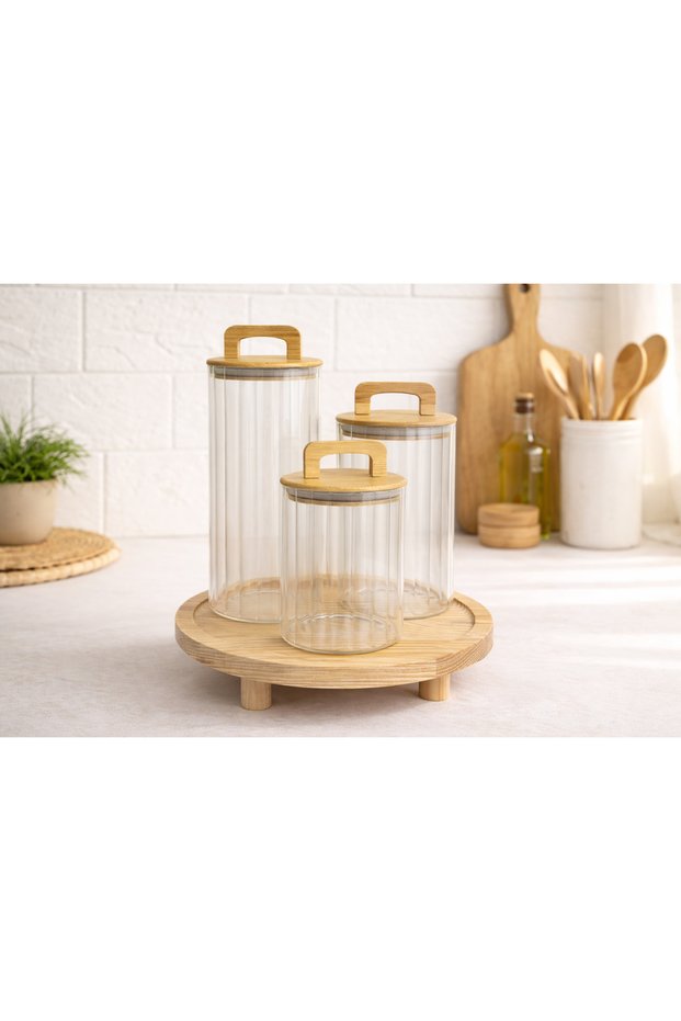 Set of 3 Glass Jars with Stands 1300-900-700 ml | Vacuum Bamboo Cover
