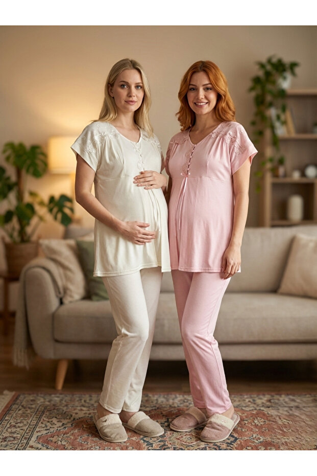 New Season Powder Lace Embroidered Buttoned Summer Short Sleeve Maternity Pajama Set