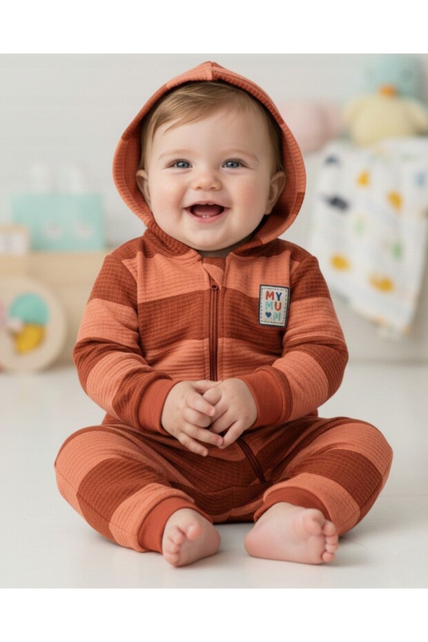 Baby Boy Striped Hooded Zippered 6-9-12-18 Months Baby Romper, Waffle Baby Romper