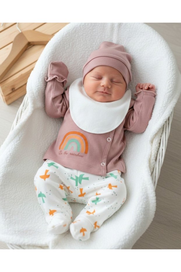 Baby Girl 5-Piece Rainbow Patterned Hospital Outfit Set, 100% Cotton Newborn Bodysuit