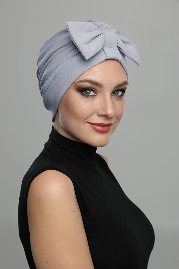Light Gray Ready-To-Wear Turban Hijab with Bow, Suitable for Medical Use