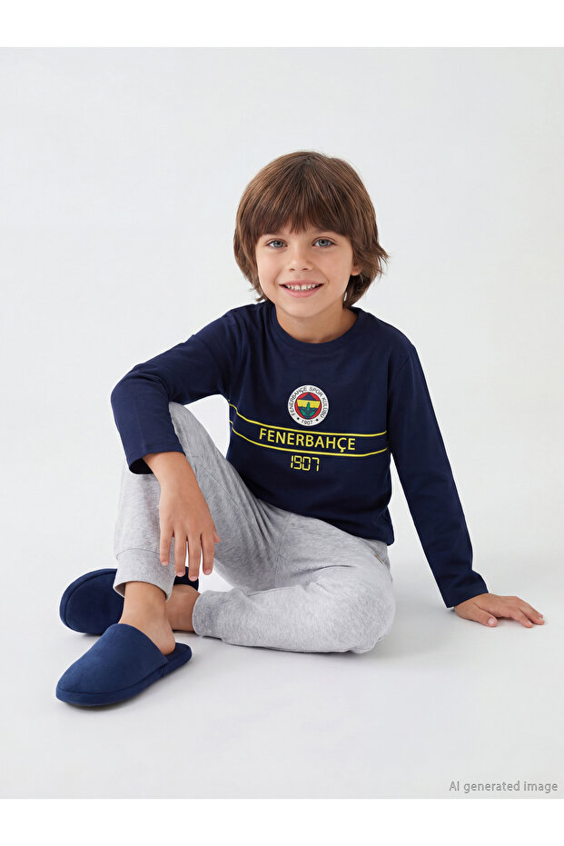 Navy Blue Fenerbahçe Printed Boys' Pajama Set (S6)