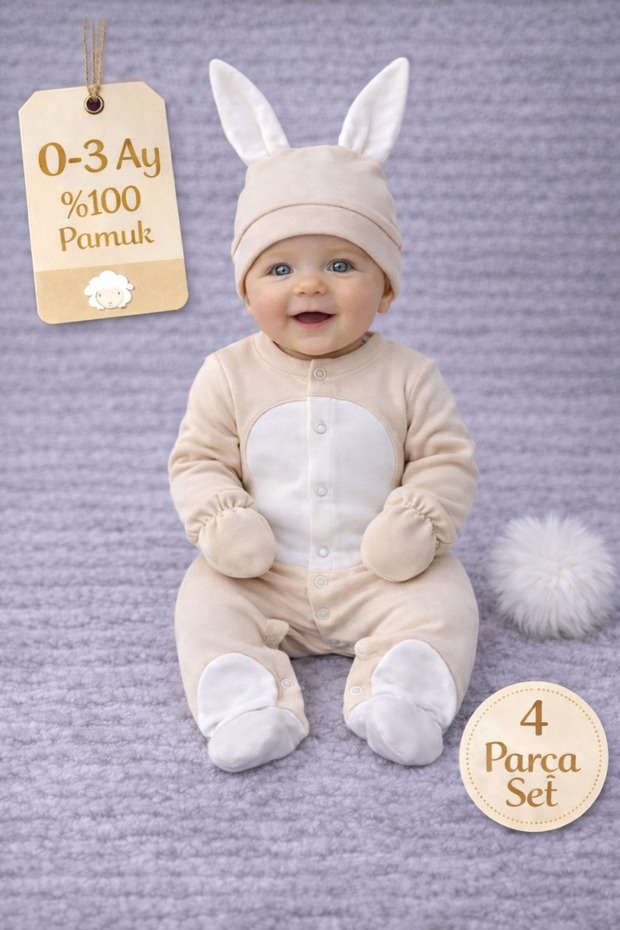 Unisex Baby 4 Piece Milk Brown Rabbit Jumpsuit 0-3 Months 100% Cotton