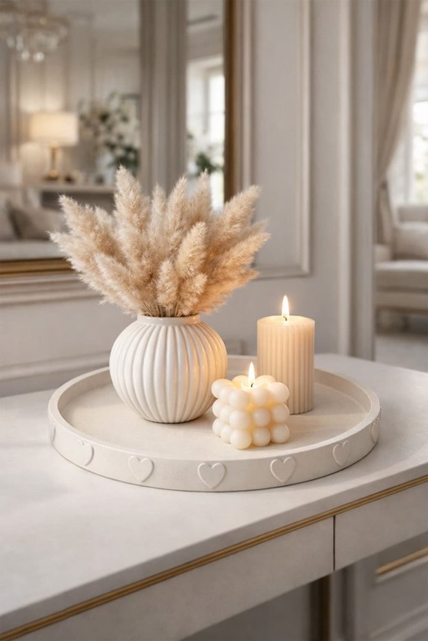 Traces of the Heart | Embossed Heart Detailed Decorative Plate, Jewelry & Candle Plate, Presentation Tray, Organizer