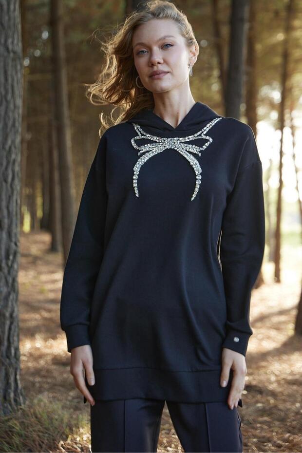 FİYONK TAŞLI KAPÜŞONLU SWATSHIRT - 1