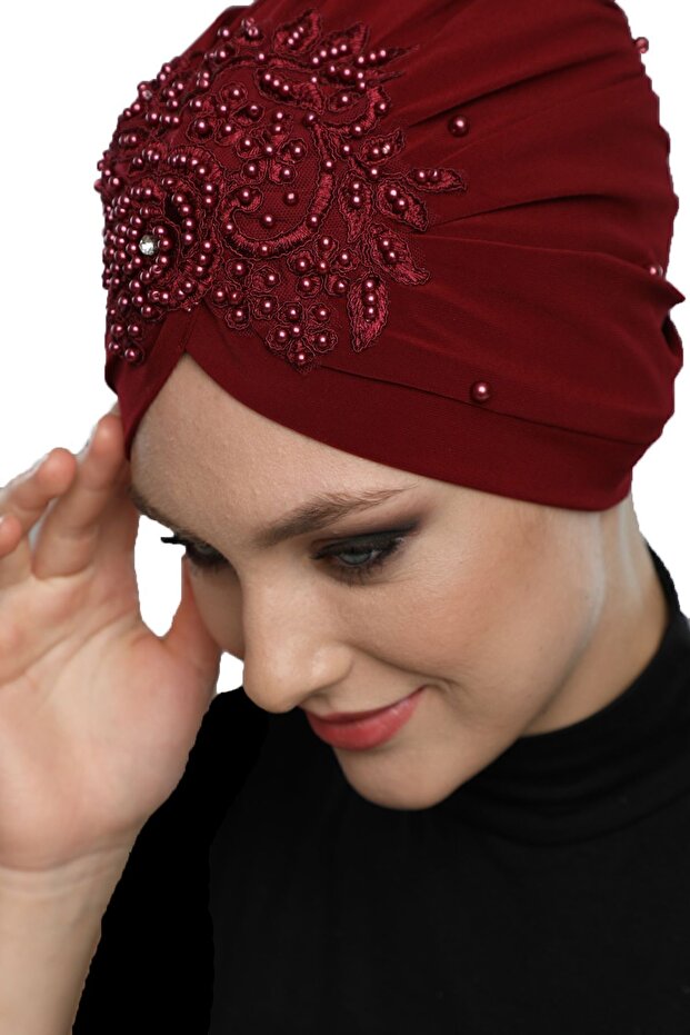 Ready Turban Hijab Evening Dress with Split Lining Embroidered Burgundy Rose Lace Motif