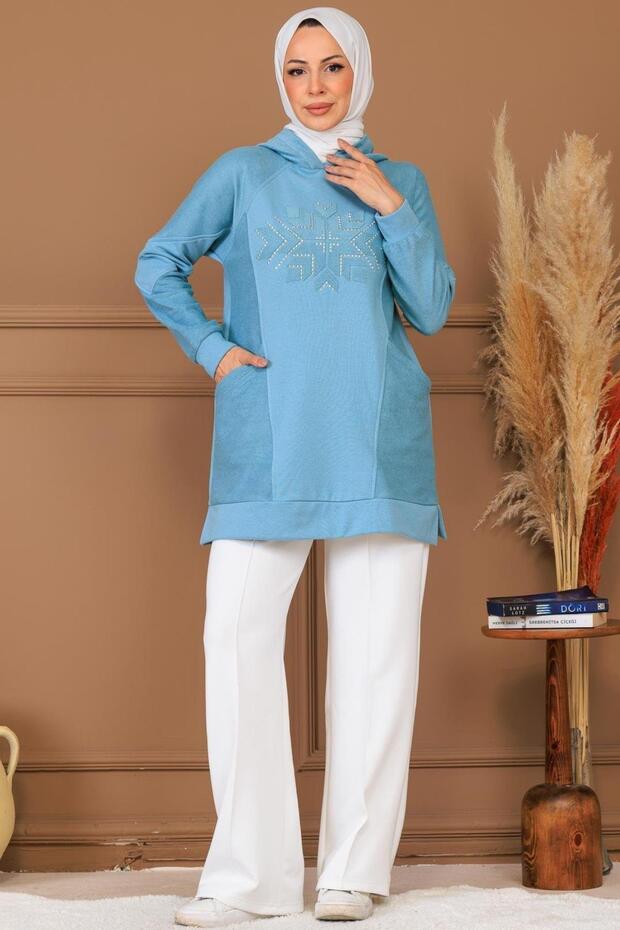 TAŞ APLİKELİ KAPÜŞONLU SWEATSHIRT - 1