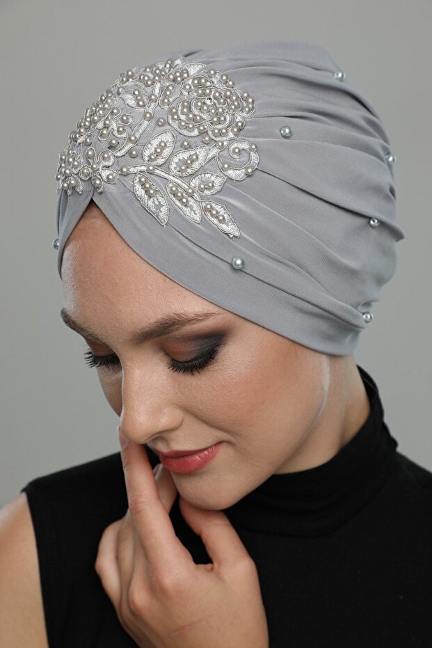 Embroidered Light Gray Rose Motif Ready-Made Turban Hijab Evening Dress Bonnet with Kopma Lining
