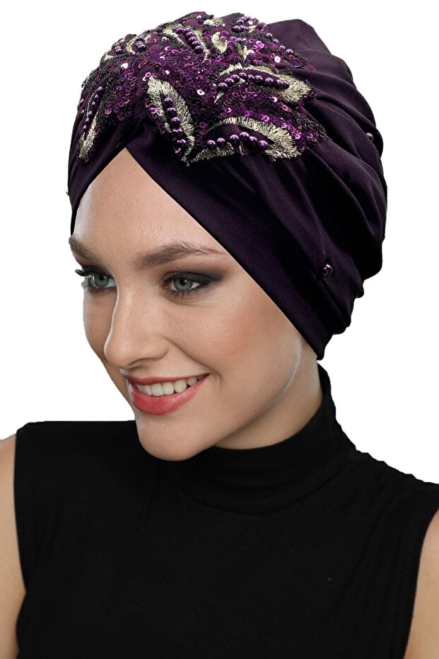 Plucked Lined Embroidered Purple Sequined Leaf Motif Ready-made Hijab Hijab Evening Dress Bonnet