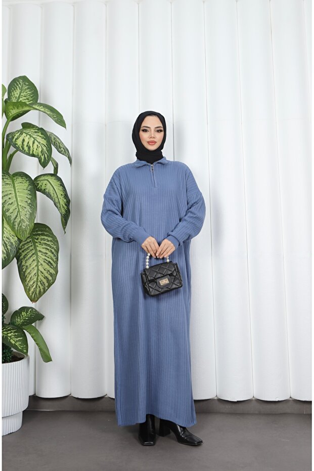 Corded Fabric Zippered Knitwear Dress