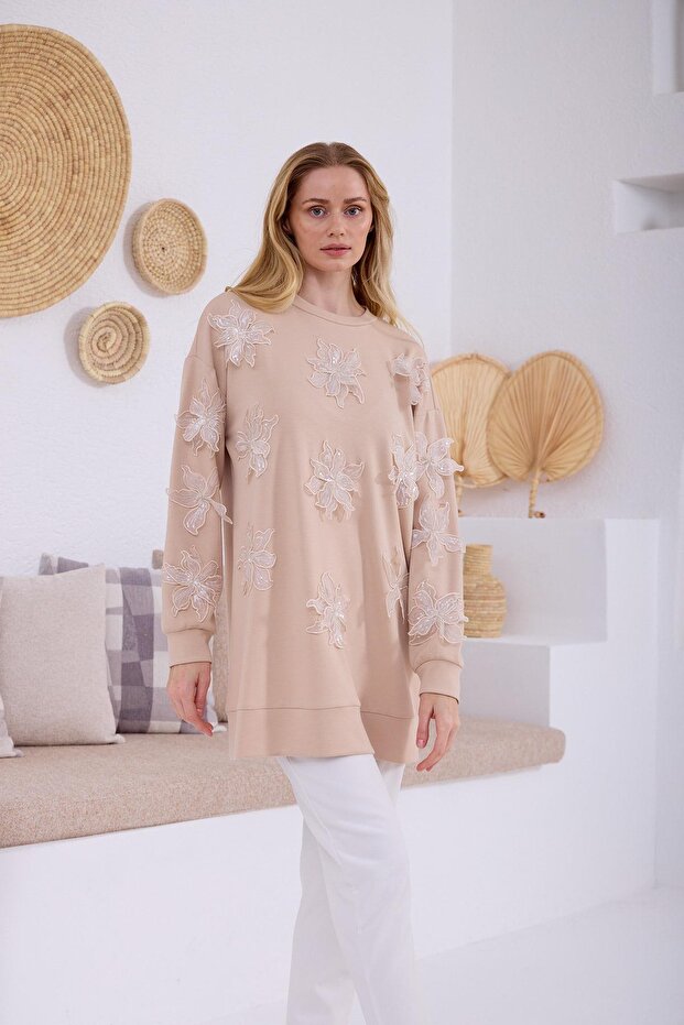 Sequined Flower Embroidered Modal Tunic - 2
