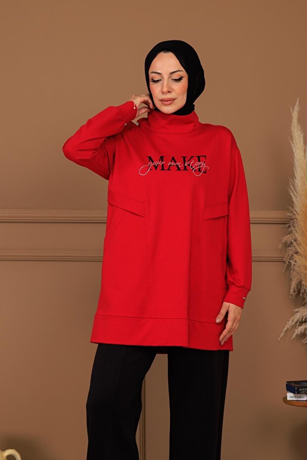 DİK YAKA CEPLİ YAZILI SWEAT - 2