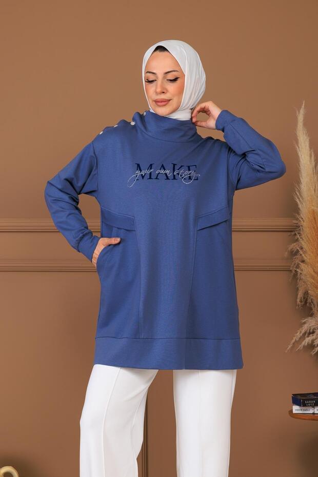 DİK YAKA CEPLİ YAZILI SWEAT - 2