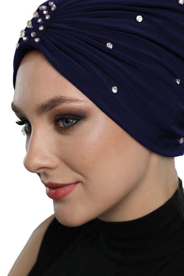 Zeni Stone-Lined Handcrafted Embroidered Navy Blue Ready-Made Turban Hijab Cap Suitable for Medical Use