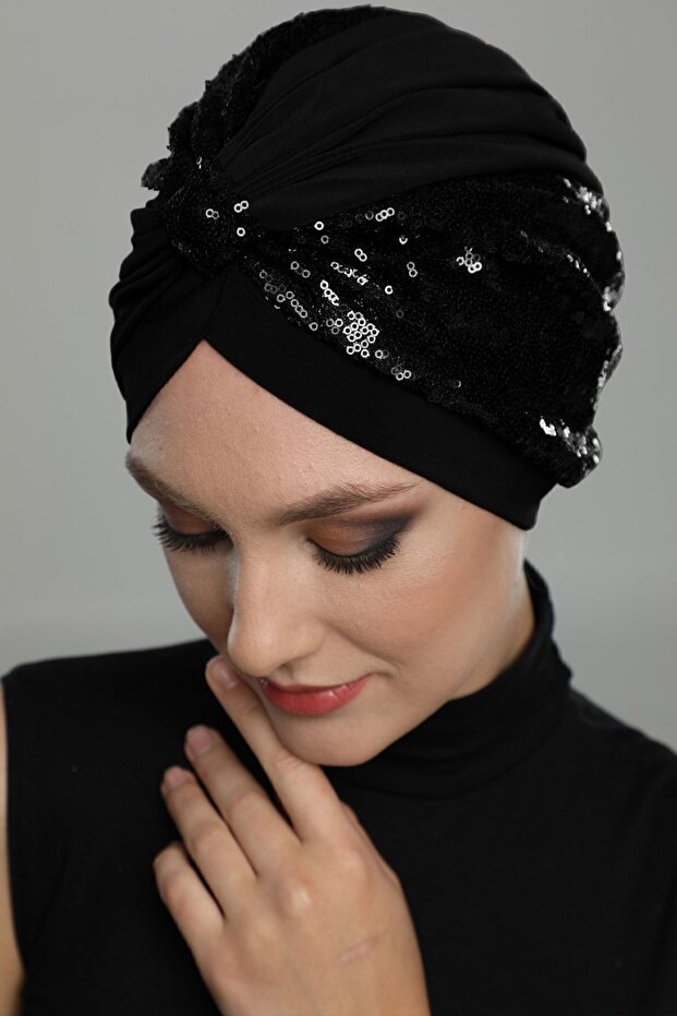 Cross-Banded Sequined Black Ready-Made Turban Hijab Cap Suitable for Medical Use