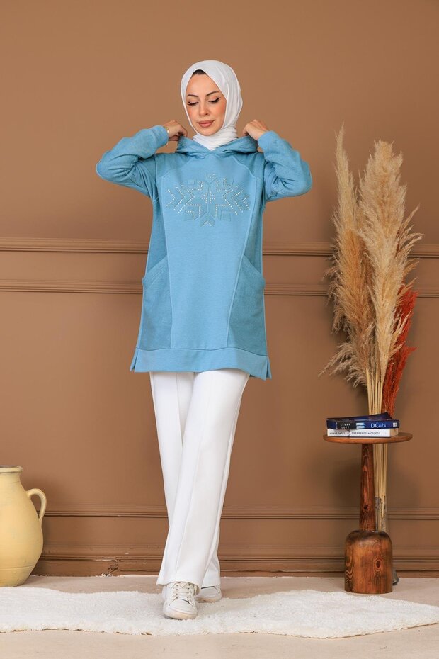 TAŞ APLİKELİ KAPÜŞONLU SWEATSHIRT - 2