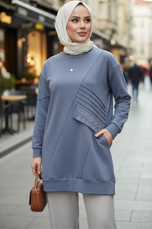 NERVÜR DETAYLI CEBİ TAŞLI TUNİK - 1