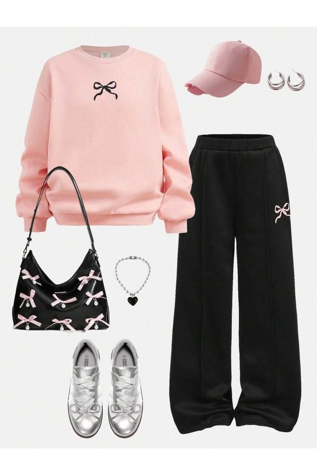Ribbon Printed Girls' Winter Children's Top and Bottom Set Green Pink Top Black Bottom