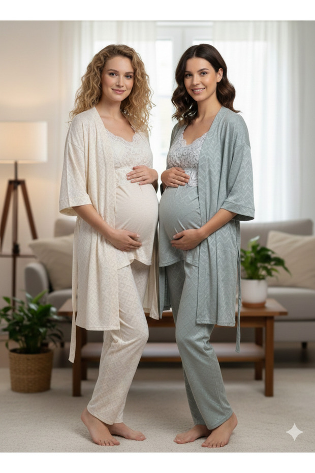 New Season Beige Linen Strap Special Design Maternity Dressing Gown, Pajama Set, Set of 3