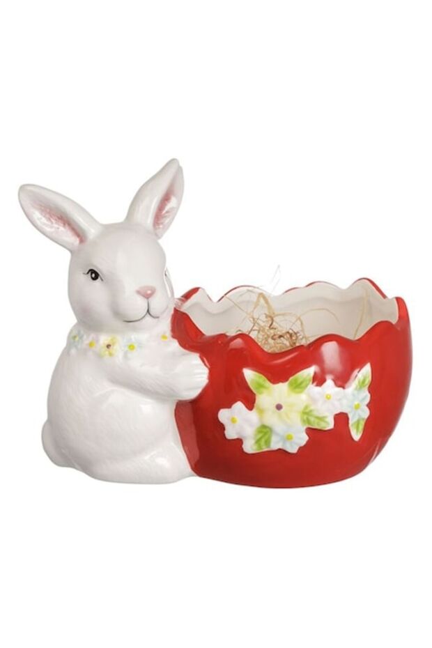 Ceramic Rabbit Support Red Egg & Flowers for Easter - 1