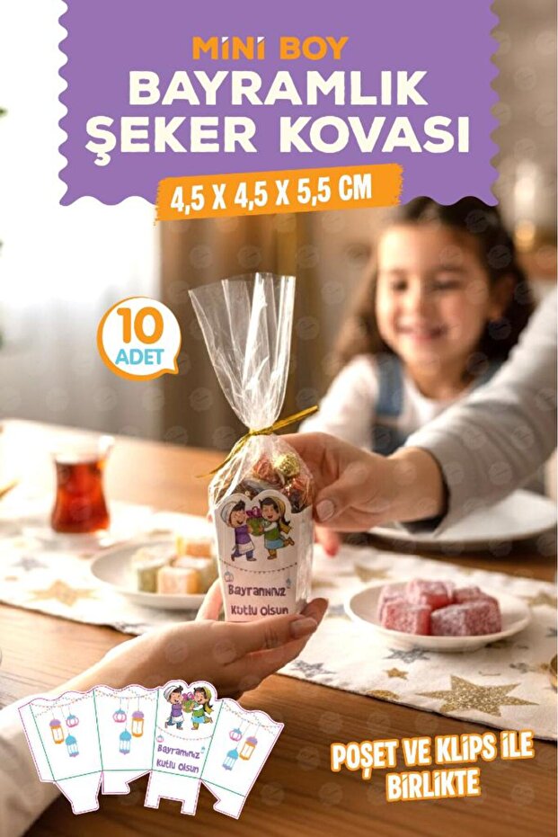 t tuğset etiket Mini Boy Bayramlık Şeker Harçlık Hediye Kovası Bayram Hediyesi Kutusu Poşeti ve Klipsi 10 ar Adet-T