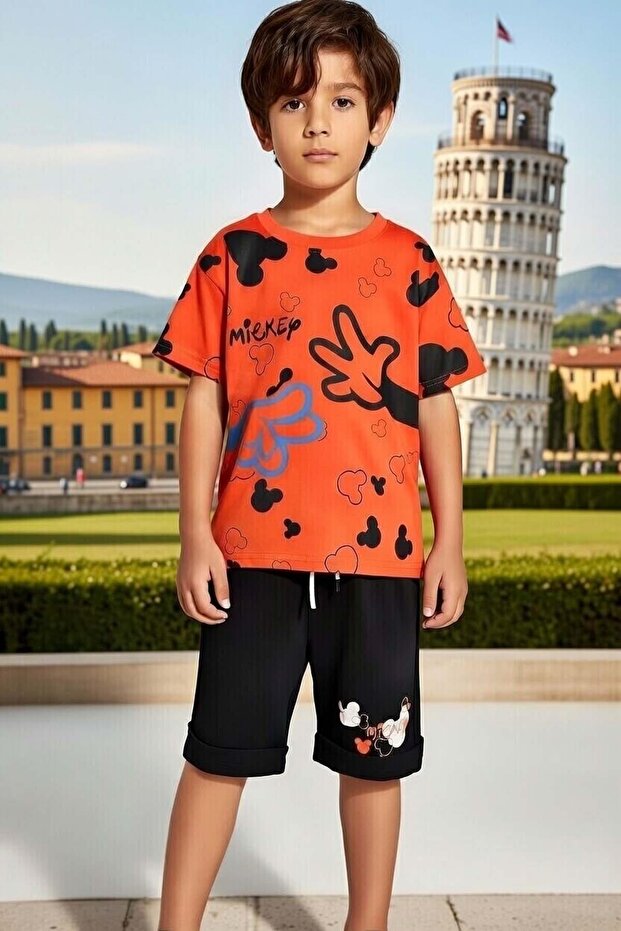 Boy's Crew Neck T-Shirt with Hand and Teddy Bear Print and Orange Shorts Set