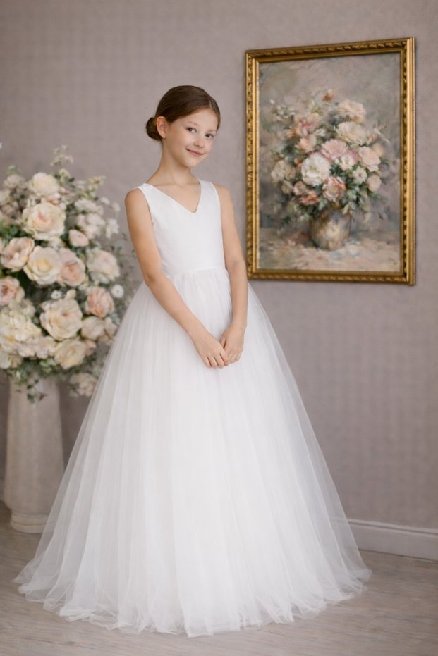 Girl's Acacia Model White V-Neck Long Special Occasion Evening Dress Graduation Dress