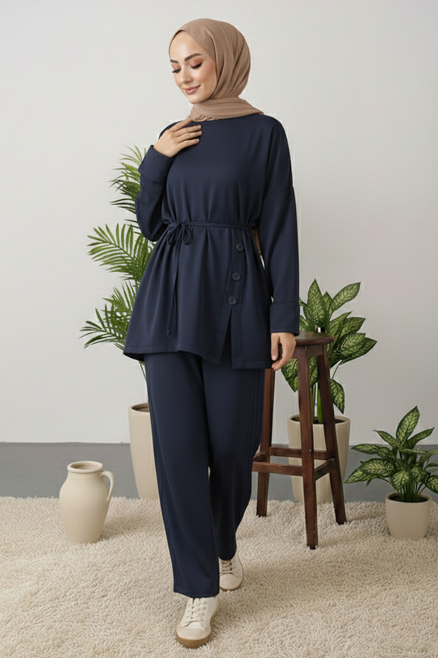 Button Detailed Tunic Set Z5712 Navy Blue