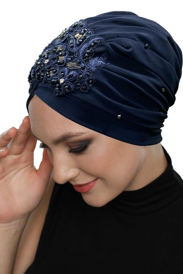 Ripped Lined Embroidered Navy Blue Yellow Lace Motif Ready-made Hijab Hijab Evening Dress Bonnet