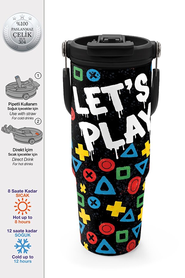 Kids Black Lets Play Patterned Steel Thermos with Straw and Direct Drinking Cap 900 ml 38728