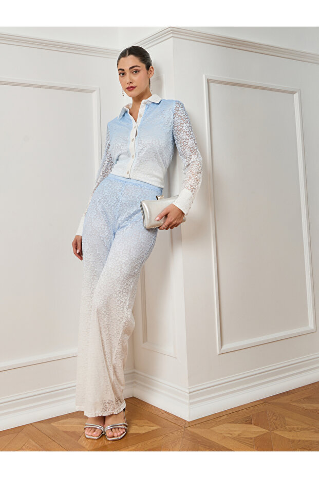 Women Light Blue Wide Leg Lace Trousers