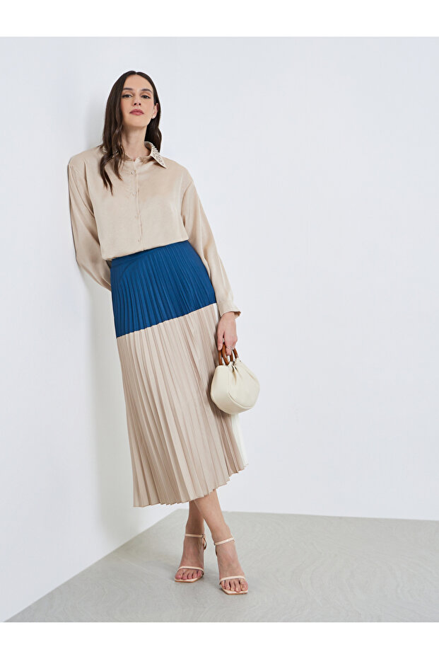 Women Color Block Pleated A-Line Maxi Skirt
