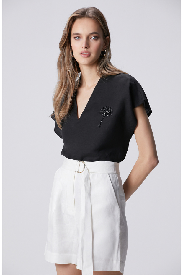 Siyah Keten Karışımlı Bluz - 1