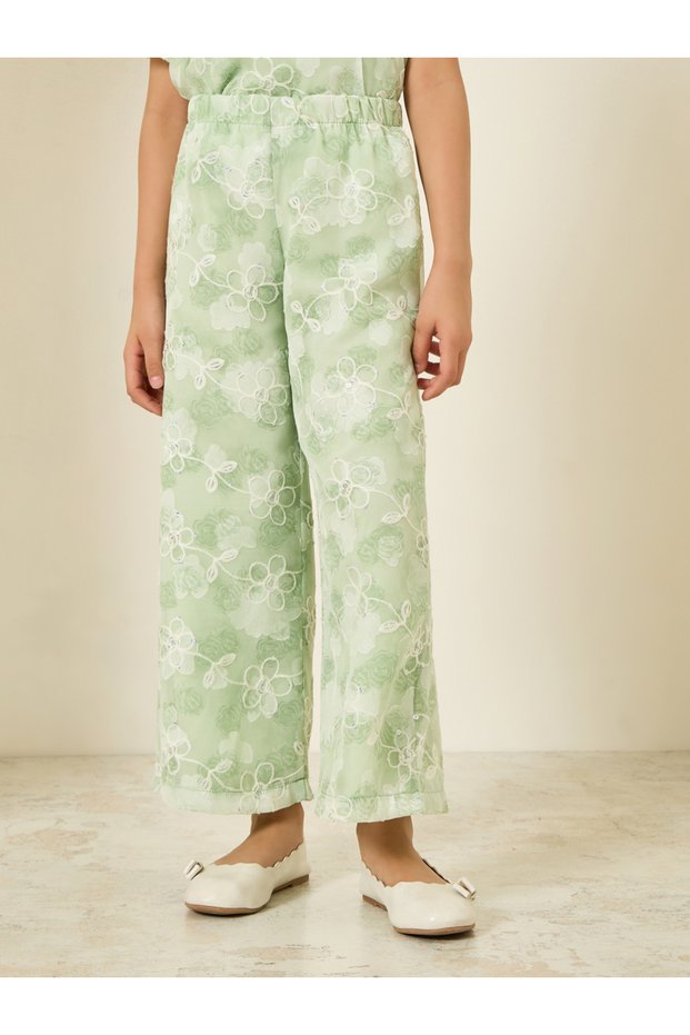 Girls Green Floral Embroidered Wide Leg Pants