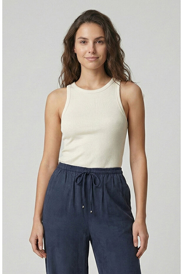 Kırık Beyaz Varak Baskılı Örme Atlet - 1