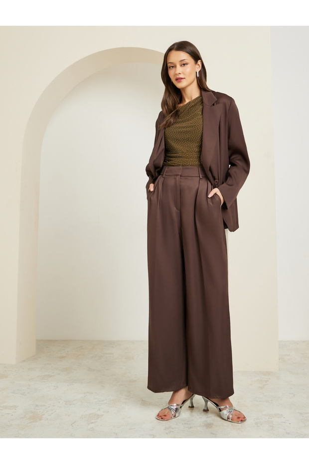 Women Brown Fold Pleat Wide Leg Trousers